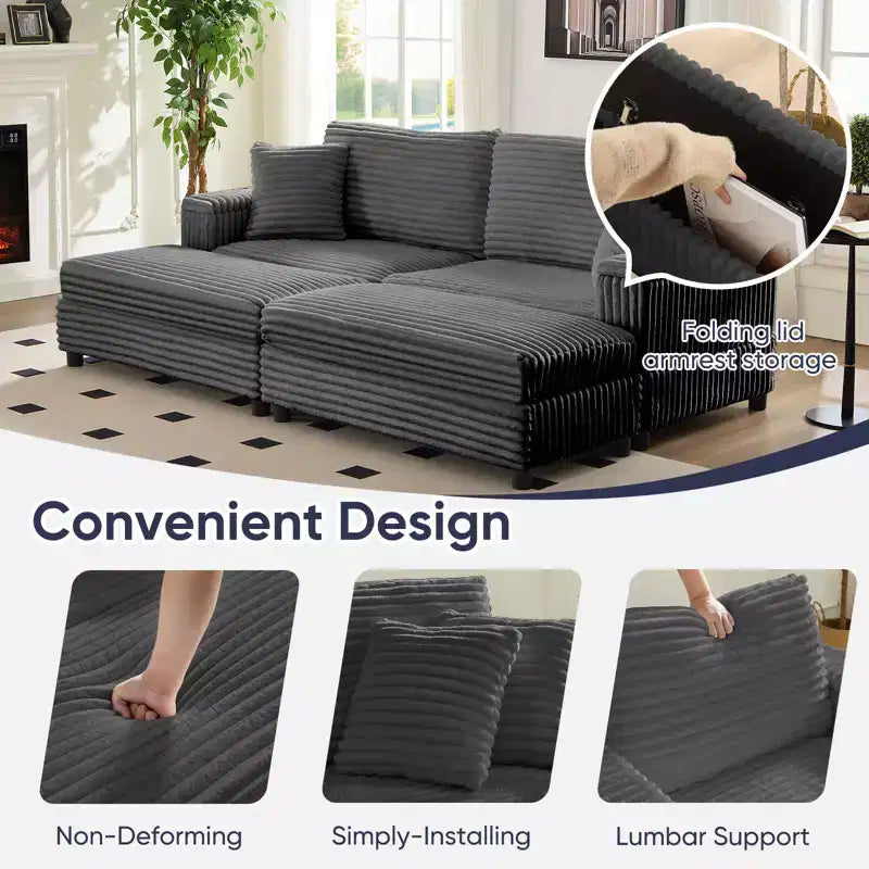 Oversized Chaise Lounge Chair Indoor, 85 W Corduroy Upholstered Sofa with Movable Ottoman
