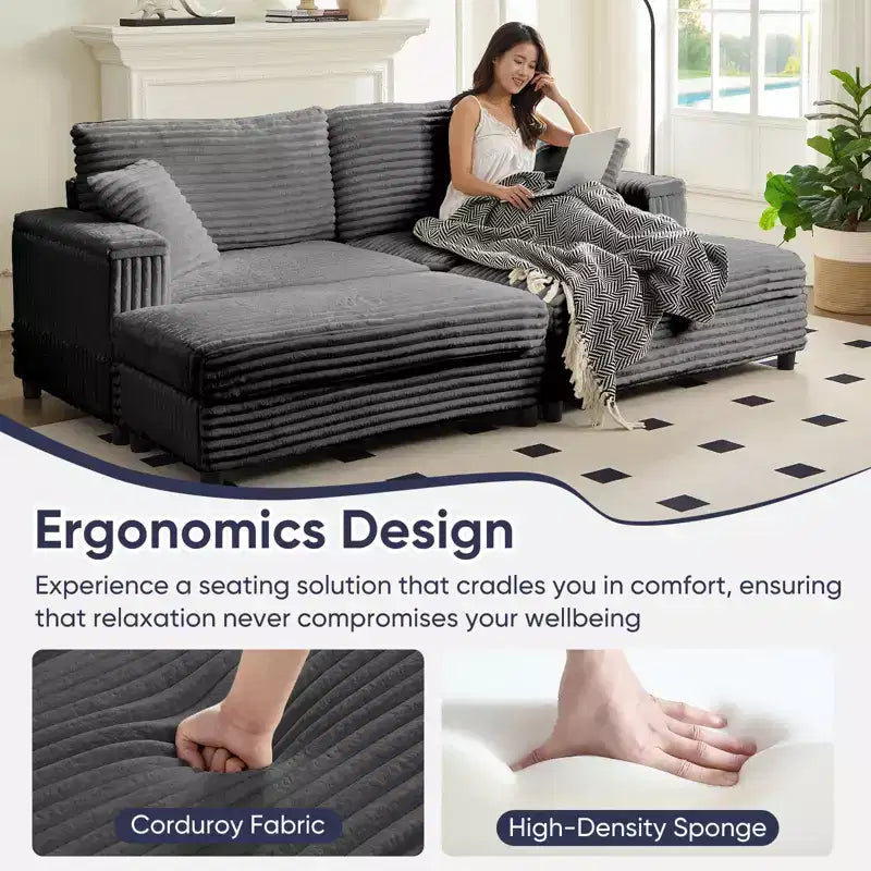Oversized Chaise Lounge Chair Indoor, 85 W Corduroy Upholstered Sofa with Movable Ottoman