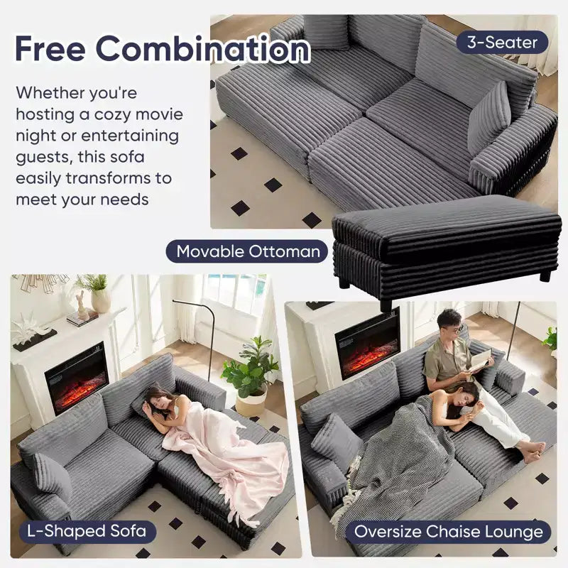 Oversized Chaise Lounge Chair Indoor, 85 W Corduroy Upholstered Sofa with Movable Ottoman