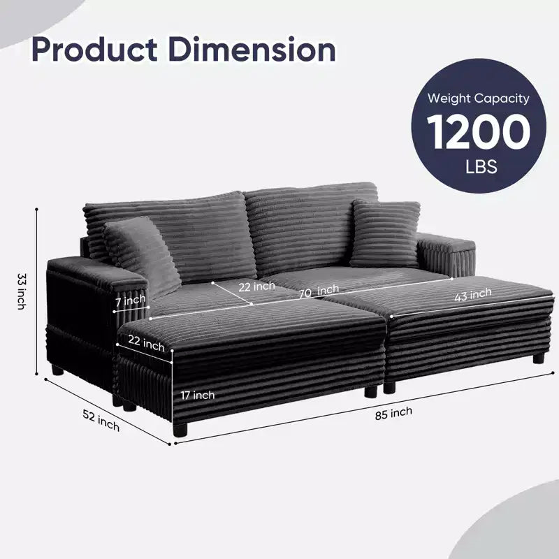 Oversized Chaise Lounge Chair Indoor, 85 W Corduroy Upholstered Sofa with Movable Ottoman