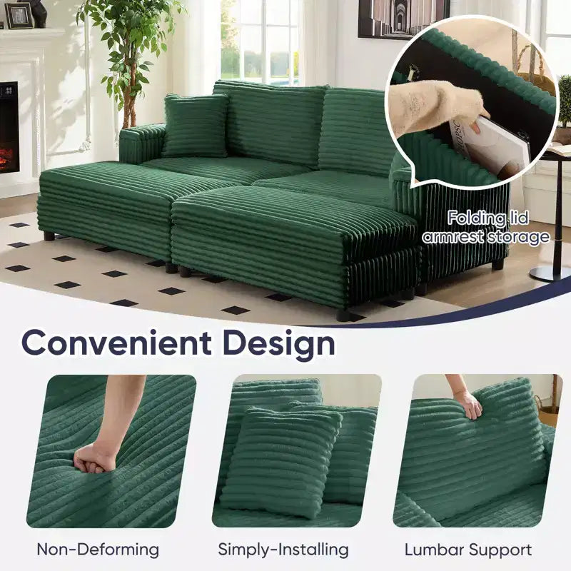 Oversized Chaise Lounge Chair Indoor, 85 W Corduroy Upholstered Sofa with Movable Ottoman