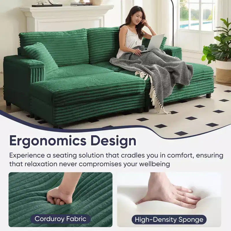Oversized Chaise Lounge Chair Indoor, 85 W Corduroy Upholstered Sofa with Movable Ottoman