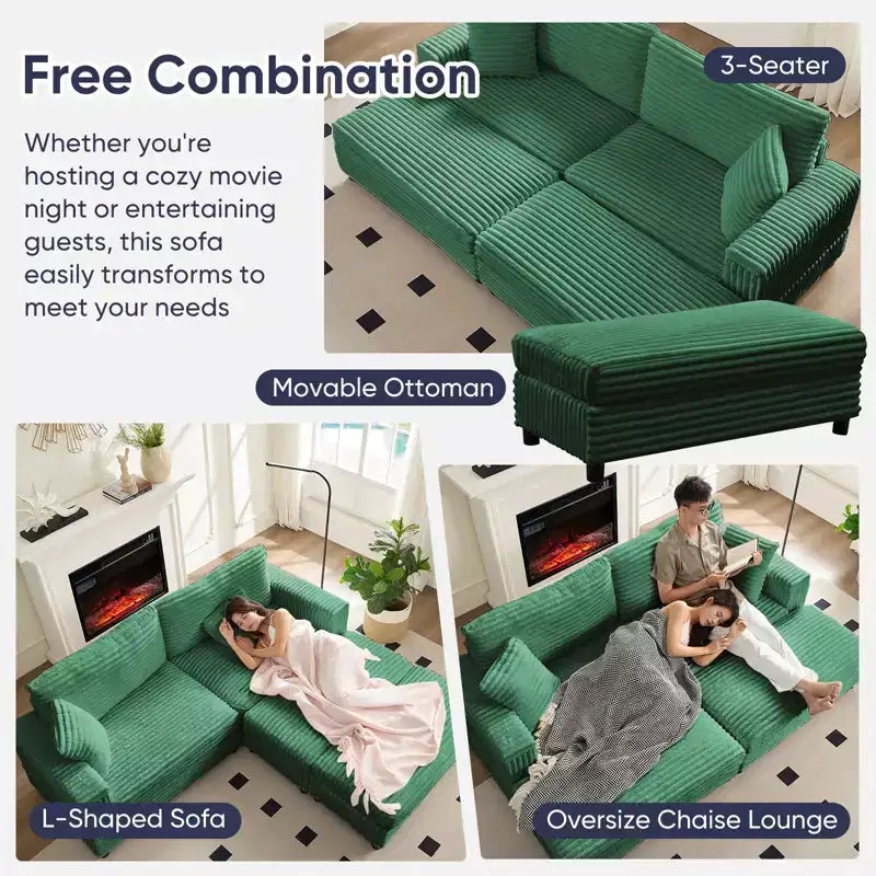Oversized Chaise Lounge Chair Indoor, 85 W Corduroy Upholstered Sofa with Movable Ottoman