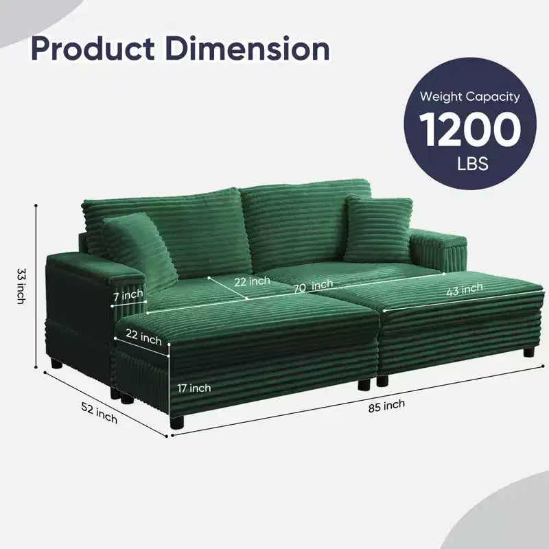 Oversized Chaise Lounge Chair Indoor, 85 W Corduroy Upholstered Sofa with Movable Ottoman