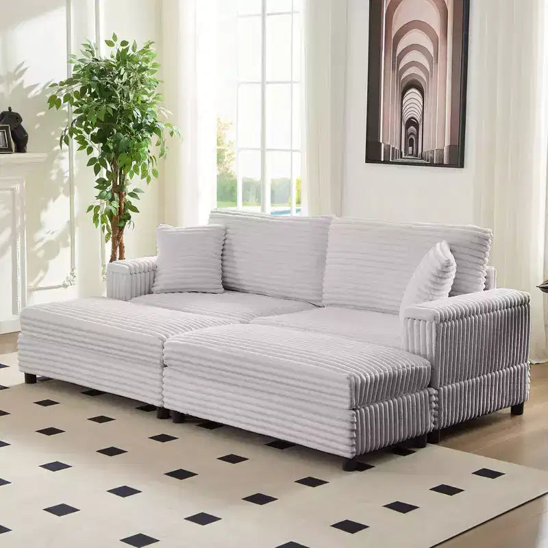 Oversized Chaise Lounge Chair Indoor, 85 W Corduroy Upholstered Sofa with Movable Ottoman