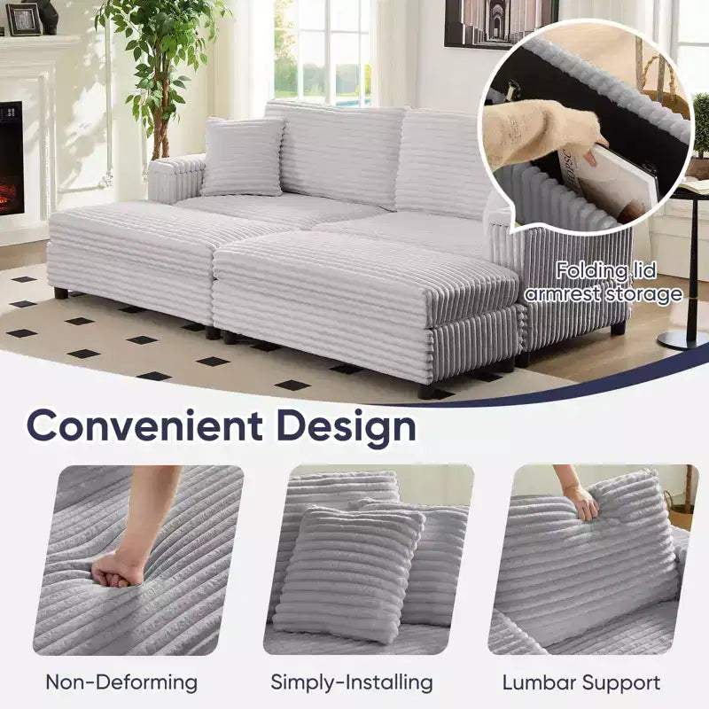 Oversized Chaise Lounge Chair Indoor, 85 W Corduroy Upholstered Sofa with Movable Ottoman