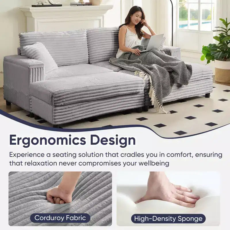 Oversized Chaise Lounge Chair Indoor, 85 W Corduroy Upholstered Sofa with Movable Ottoman