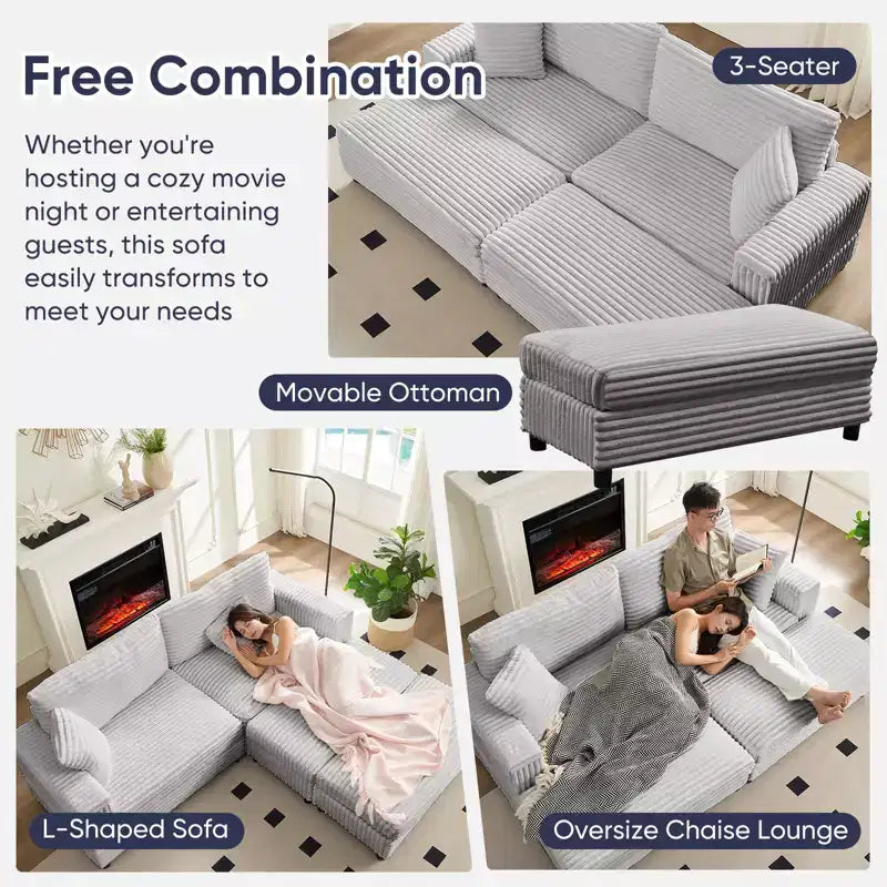 Oversized Chaise Lounge Chair Indoor, 85 W Corduroy Upholstered Sofa with Movable Ottoman