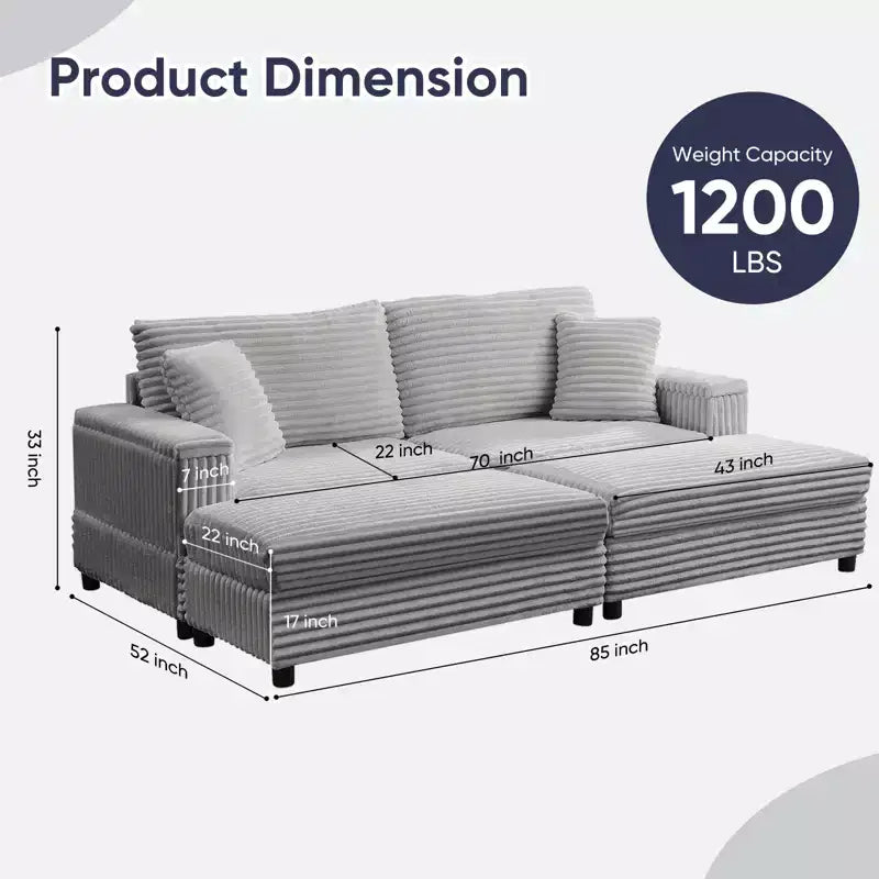 Oversized Chaise Lounge Chair Indoor, 85 W Corduroy Upholstered Sofa with Movable Ottoman