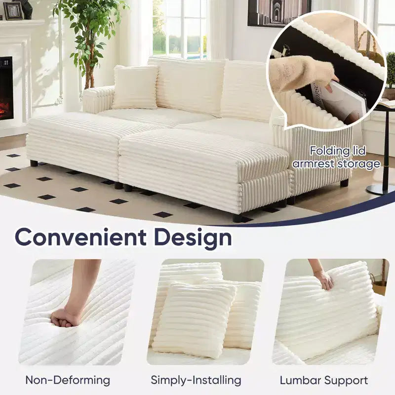 Oversized Chaise Lounge Chair Indoor, 85 W Corduroy Upholstered Sofa with Movable Ottoman
