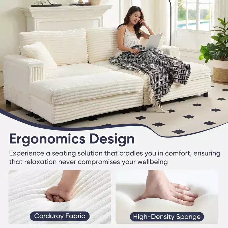Oversized Chaise Lounge Chair Indoor, 85 W Corduroy Upholstered Sofa with Movable Ottoman