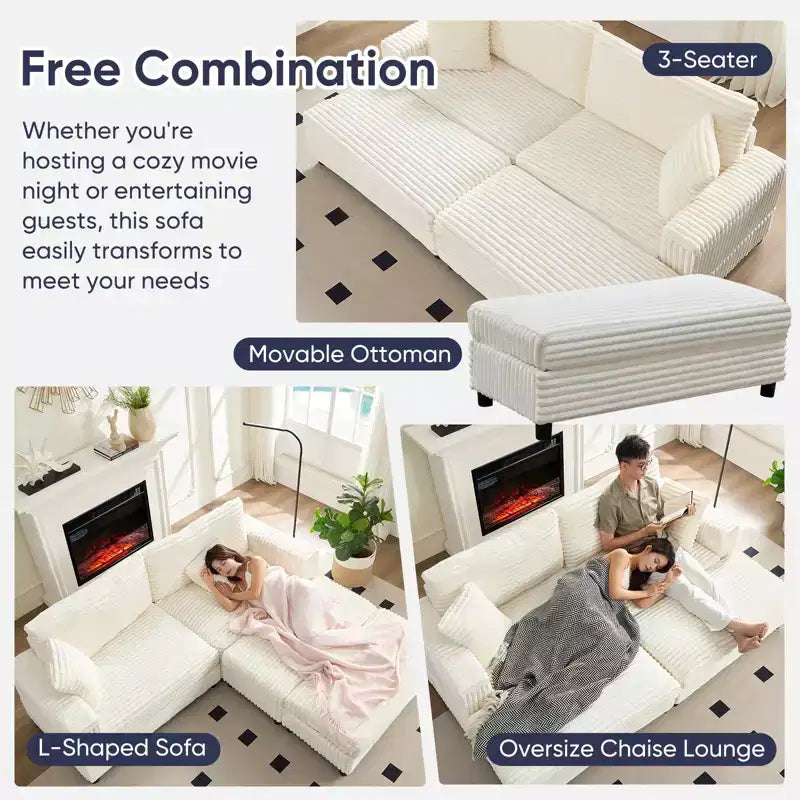 Oversized Chaise Lounge Chair Indoor, 85 W Corduroy Upholstered Sofa with Movable Ottoman
