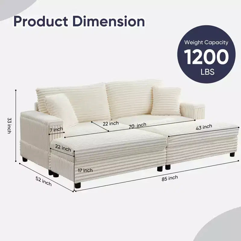Oversized Chaise Lounge Chair Indoor, 85 W Corduroy Upholstered Sofa with Movable Ottoman
