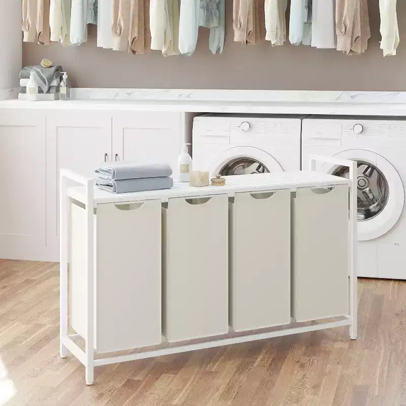 45.7 x 13 x 28.4 Inches Laundry Sorter Hamper, Laundry Basket Storage, Laundry Sorter with 4 Pull-Out and Removable Bags, Shelf, Metal Frame, (40L)