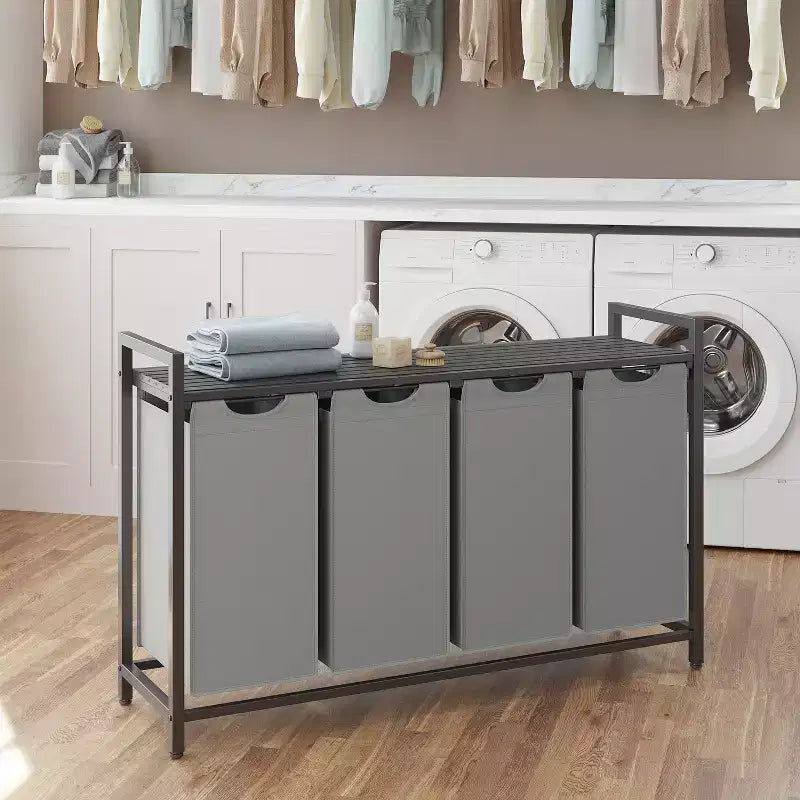 45.7 x 13 x 28.4 Inches Laundry Sorter Hamper, Laundry Basket Storage, Laundry Sorter with 4 Pull-Out and Removable Bags, Shelf, Metal Frame, (40L)