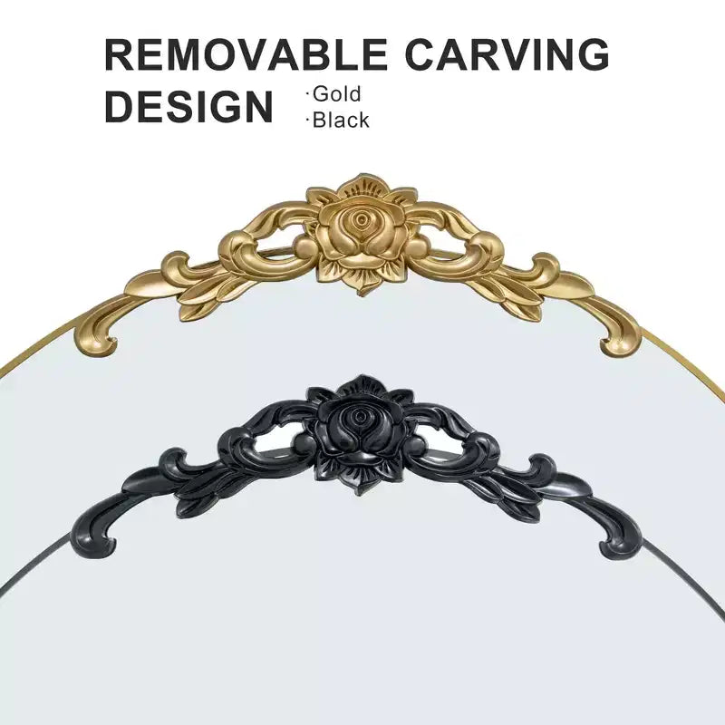 Wooden Carved Full-Length Mirror: 64.35x23.4, Vintage Black, Right Angled Arch, Bracket Attached