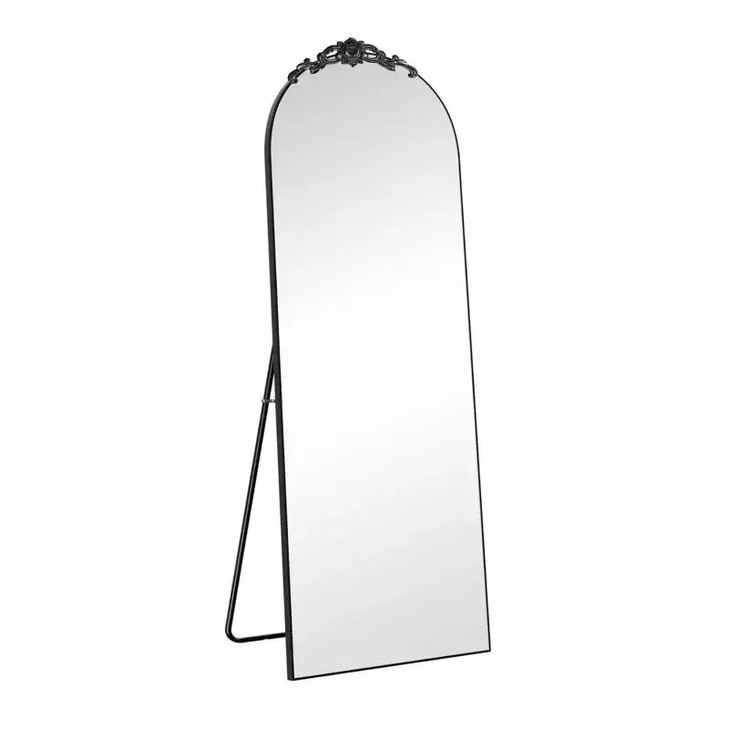 Wooden Carved Full-Length Mirror: 64.35x23.4, Vintage Black, Right Angled Arch, Bracket Attached