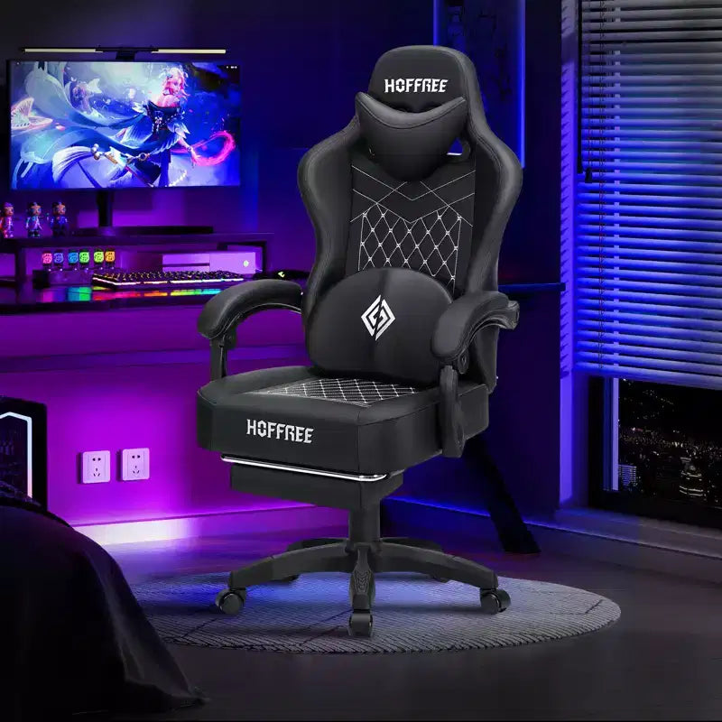Leather Massage Gaming Chair Ergonomic Office PC Chair with Footrest & Adjustable