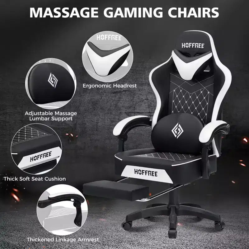 Leather Massage Gaming Chair Ergonomic Office PC Chair with Footrest & Adjustable