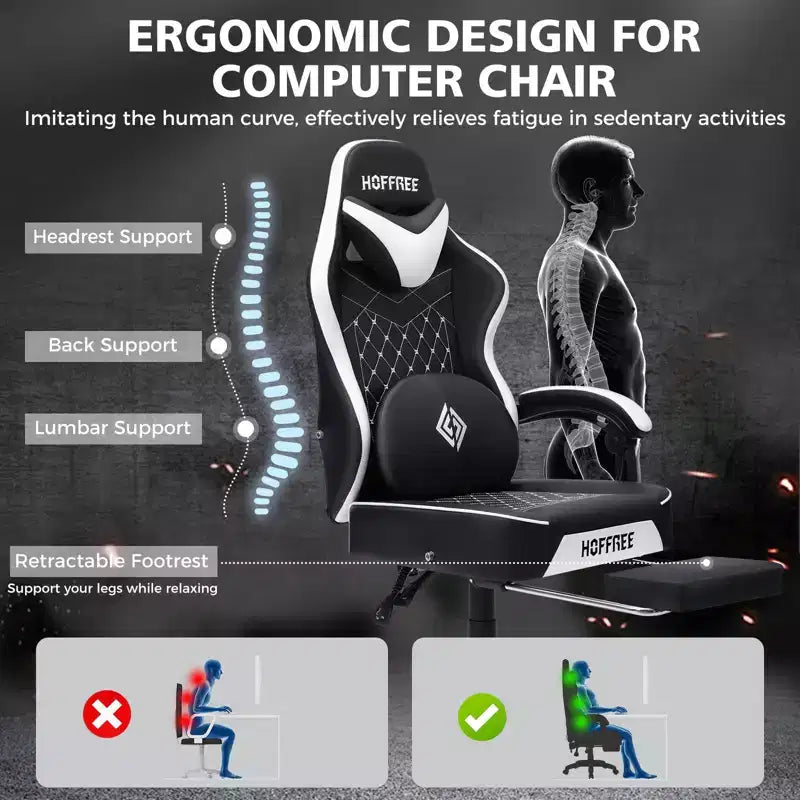 Leather Massage Gaming Chair Ergonomic Office PC Chair with Footrest & Adjustable