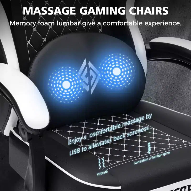 Leather Massage Gaming Chair Ergonomic Office PC Chair with Footrest & Adjustable