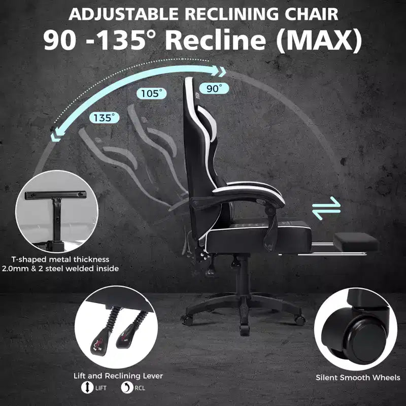 Leather Massage Gaming Chair Ergonomic Office PC Chair with Footrest & Adjustable