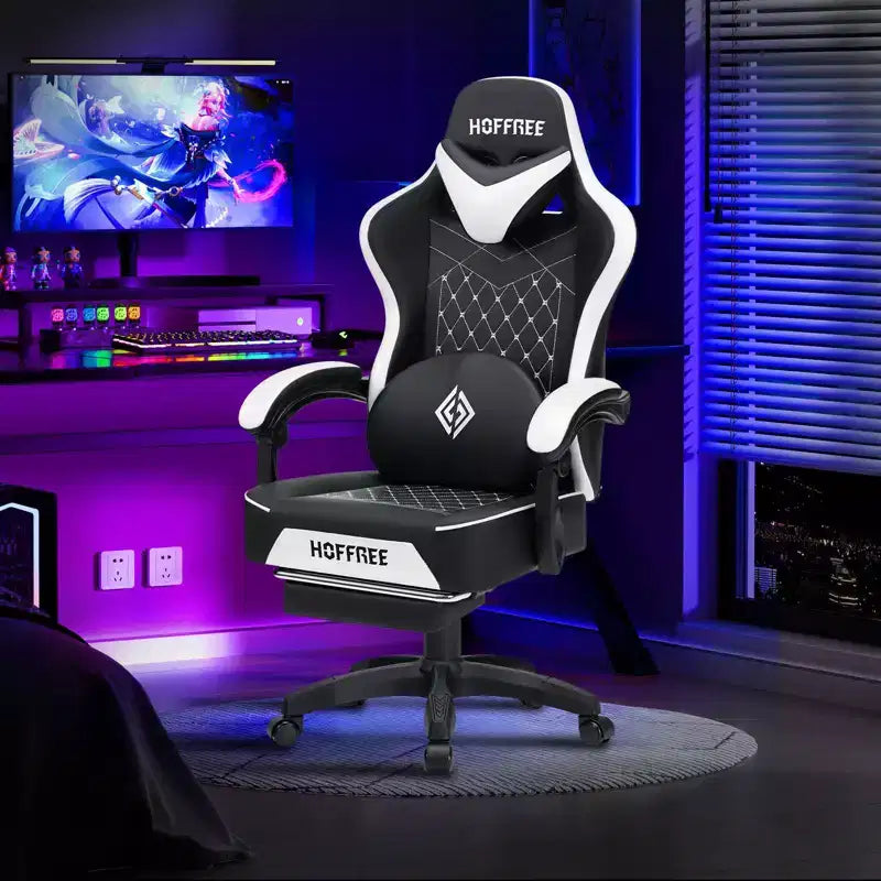 Leather Massage Gaming Chair Ergonomic Office PC Chair with Footrest & Adjustable