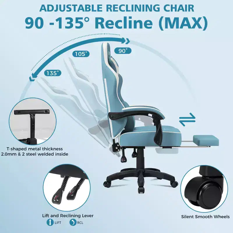 Leather Massage Gaming Chair Ergonomic Office PC Chair with Footrest & Adjustable