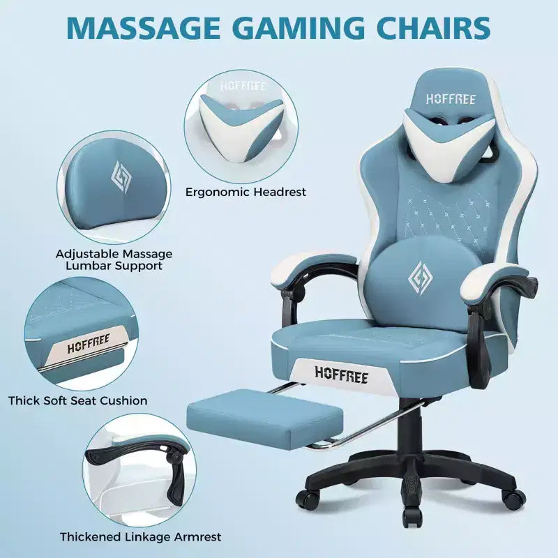 Leather Massage Gaming Chair Ergonomic Office PC Chair with Footrest & Adjustable