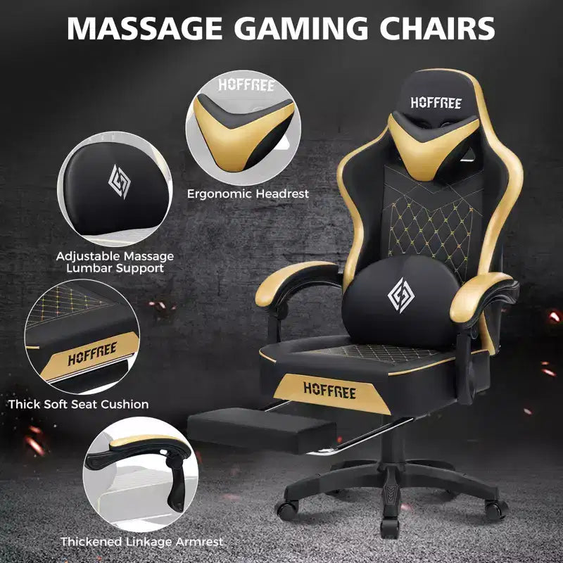 Leather Massage Gaming Chair Ergonomic Office PC Chair with Footrest & Adjustable