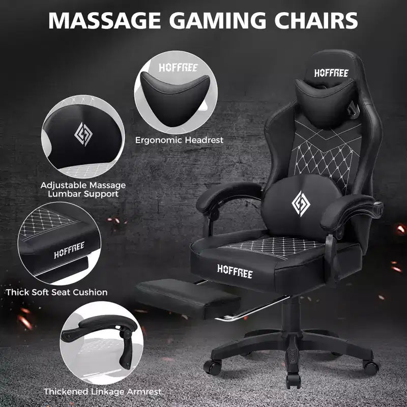 Leather Massage Gaming Chair Ergonomic Office PC Chair with Footrest & Adjustable
