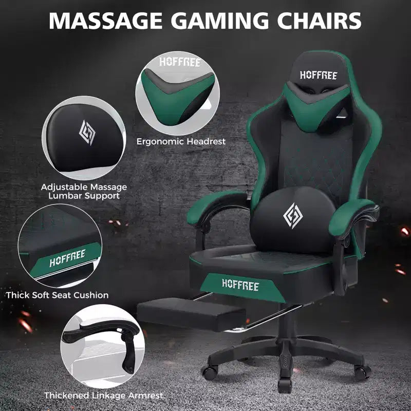 Leather Massage Gaming Chair Ergonomic Office PC Chair with Footrest & Adjustable
