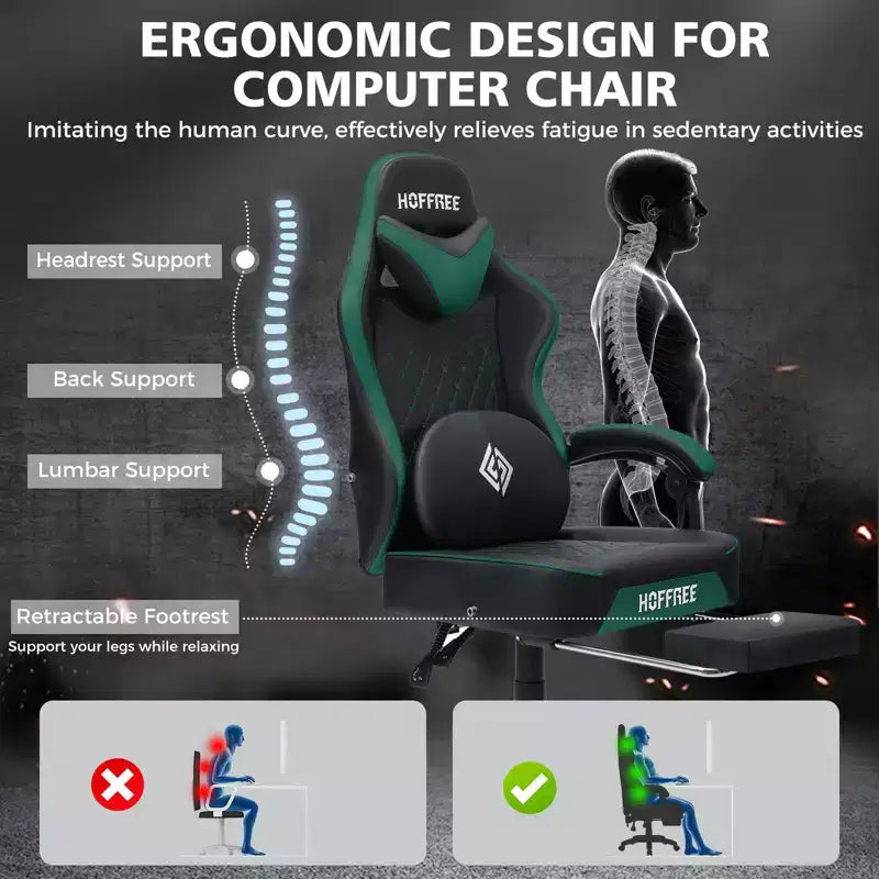 Leather Massage Gaming Chair Ergonomic Office PC Chair with Footrest & Adjustable