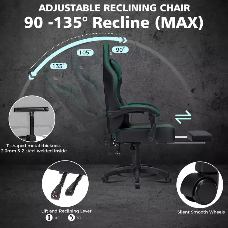 Leather Massage Gaming Chair Ergonomic Office PC Chair with Footrest & Adjustable