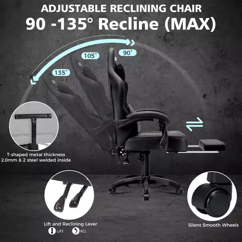 Leather Massage Gaming Chair Ergonomic Office PC Chair with Footrest & Adjustable