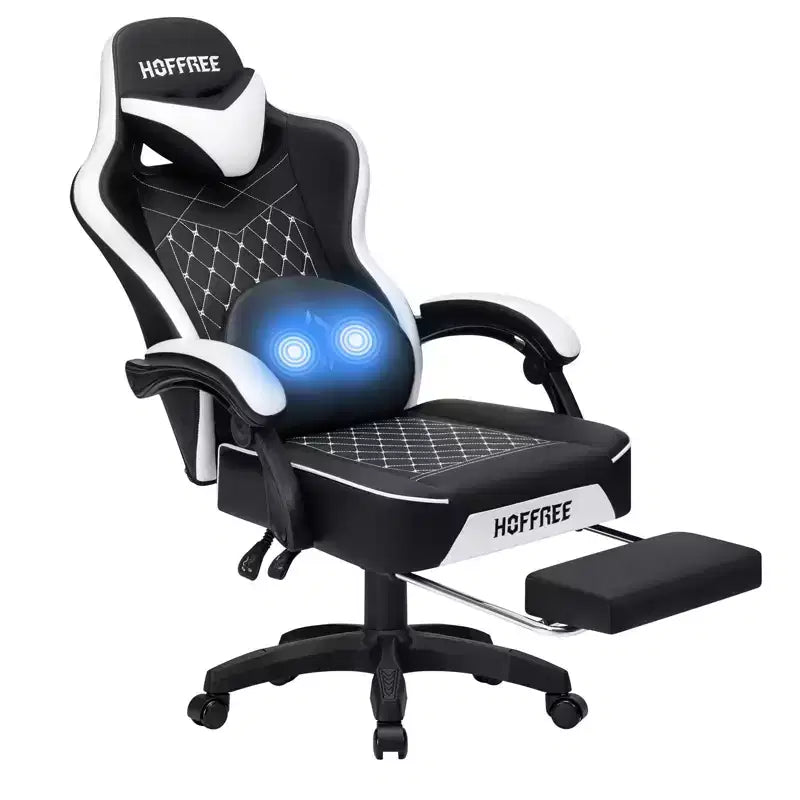 Leather Massage Gaming Chair Ergonomic Office PC Chair with Footrest & Adjustable