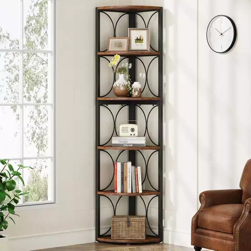 66.92 inch Tall Corner Shelf, 6 Tier Rustic Corner Bookshelf Bookcase Storage Rack