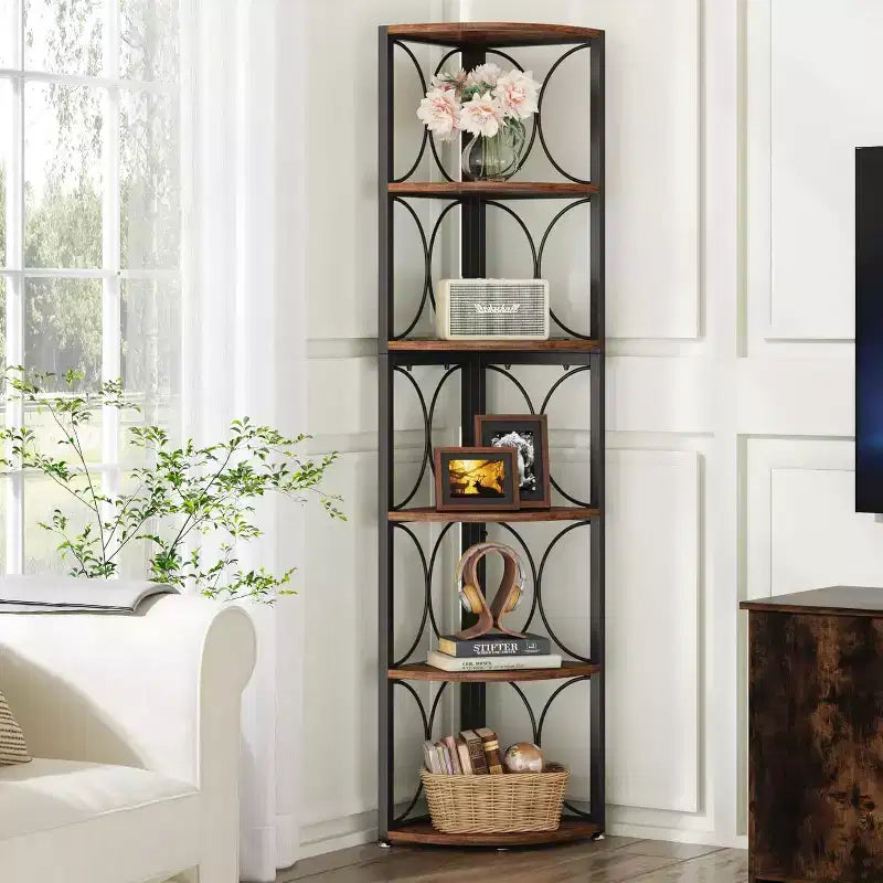 66.92 inch Tall Corner Shelf, 6 Tier Rustic Corner Bookshelf Bookcase Storage Rack