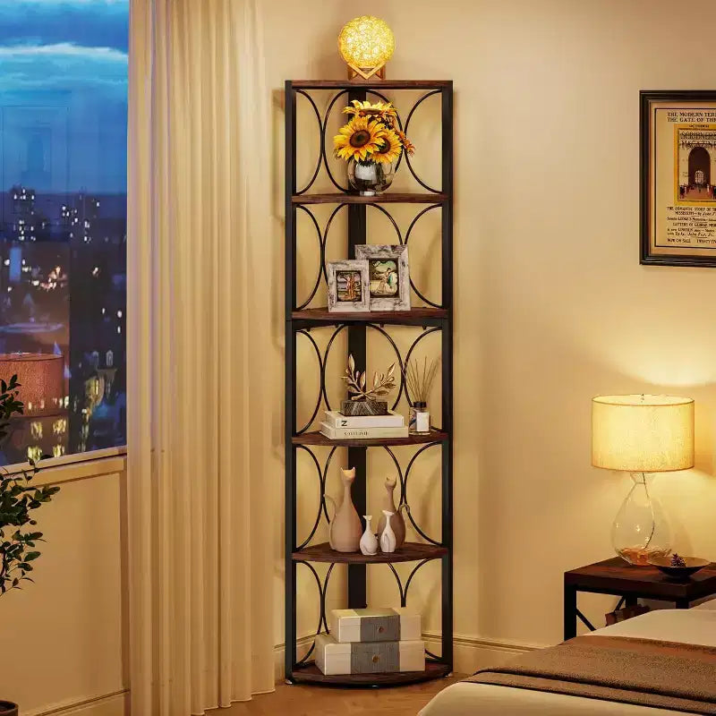66.92 inch Tall Corner Shelf, 6 Tier Rustic Corner Bookshelf Bookcase Storage Rack