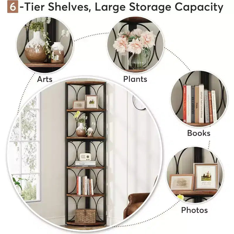 66.92 inch Tall Corner Shelf, 6 Tier Rustic Corner Bookshelf Bookcase Storage Rack