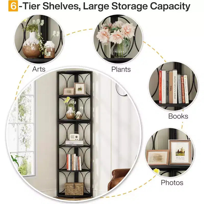 66.92 inch Tall Corner Shelf, 6 Tier Rustic Corner Bookshelf Bookcase Storage Rack