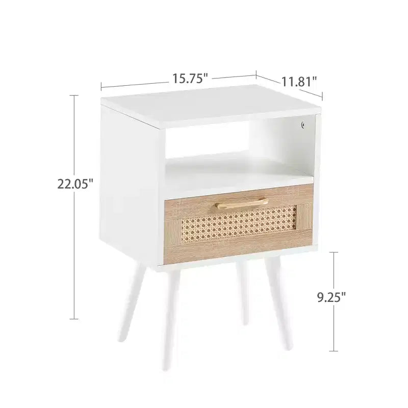 Rattan End Table with Drawer and Solid Wood Legs, Side Table for Living Room, Bedroom, White