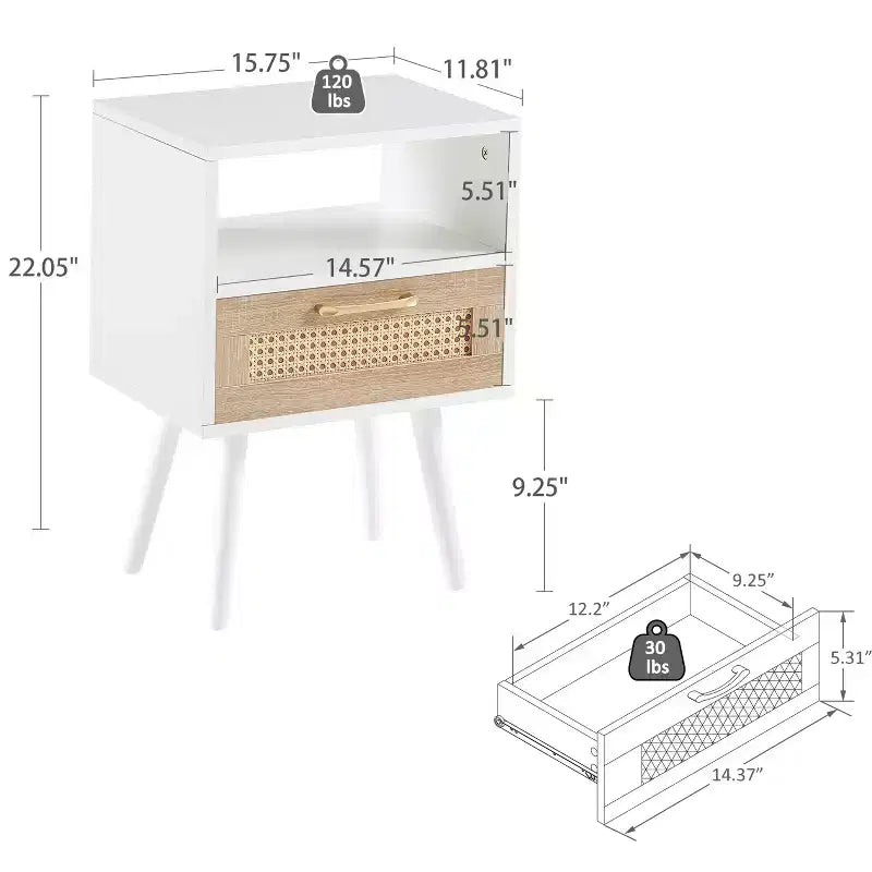 Rattan End Table with Drawer and Solid Wood Legs, Side Table for Living Room, Bedroom, White
