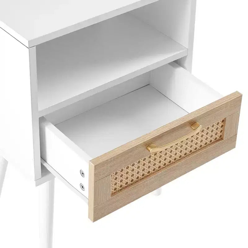 Rattan End Table with Drawer and Solid Wood Legs, Side Table for Living Room, Bedroom, White