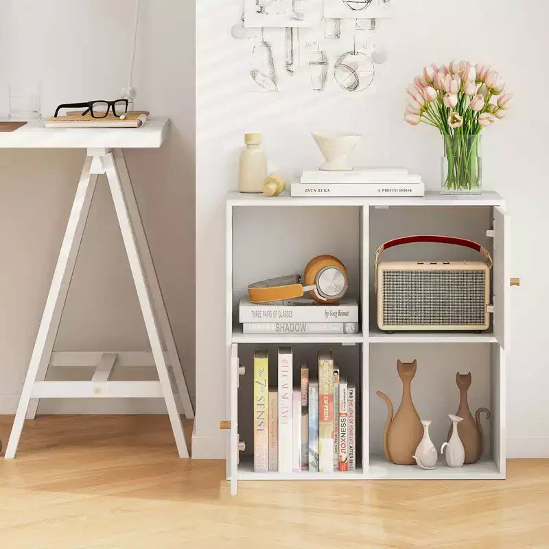 4-Cube Bookcase with Dual Anti-Tipping Kits & 2 Cabinets Storage Organizer White/Natural