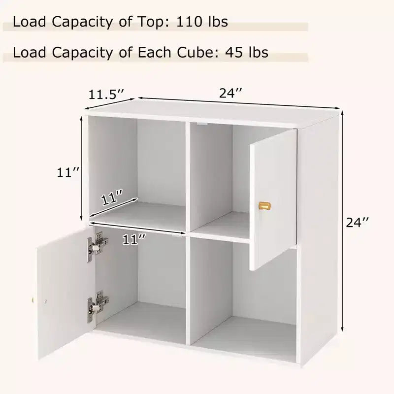 4-Cube Bookcase with Dual Anti-Tipping Kits & 2 Cabinets Storage Organizer White/Natural