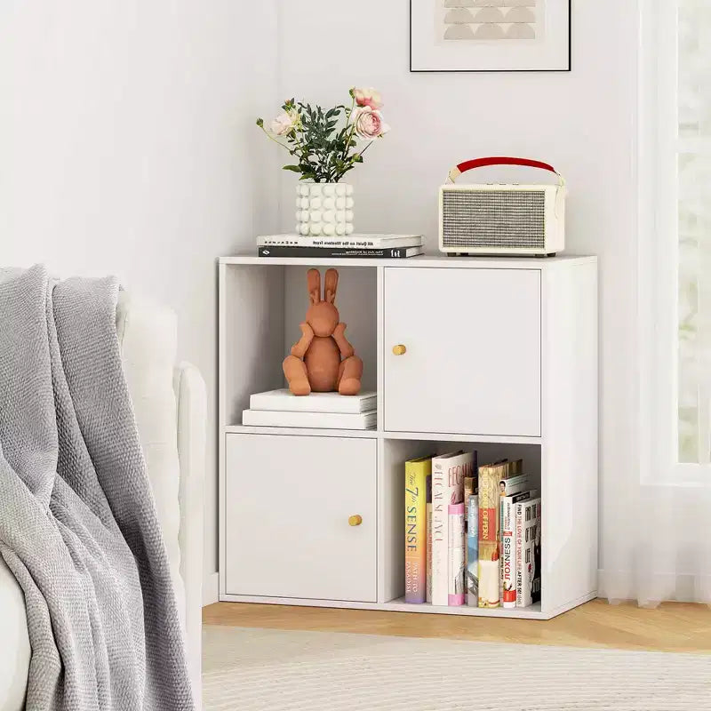 4-Cube Bookcase with Dual Anti-Tipping Kits & 2 Cabinets Storage Organizer White/Natural