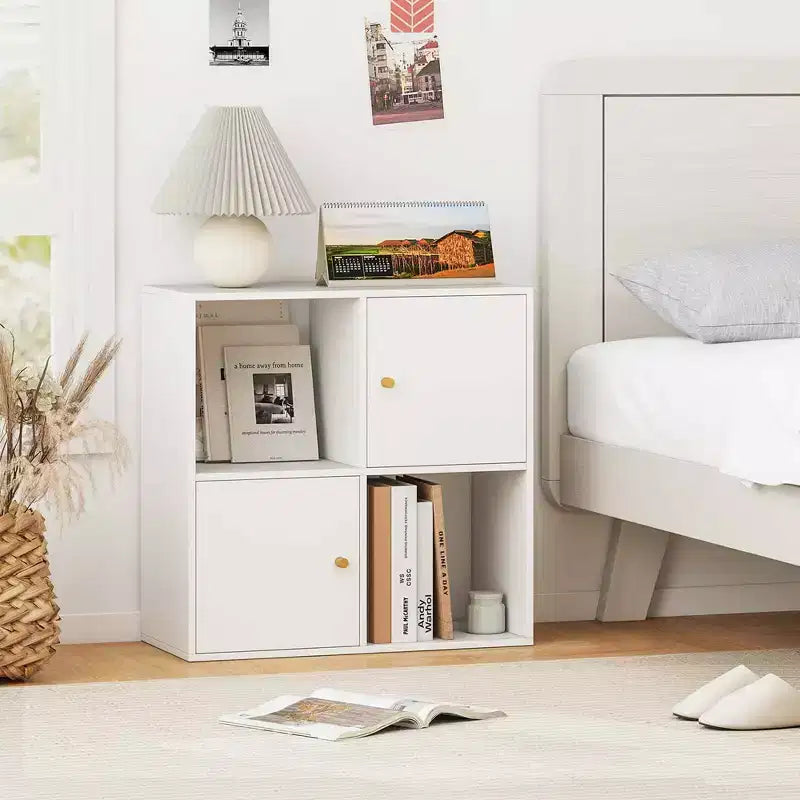 4-Cube Bookcase with Dual Anti-Tipping Kits & 2 Cabinets Storage Organizer White/Natural