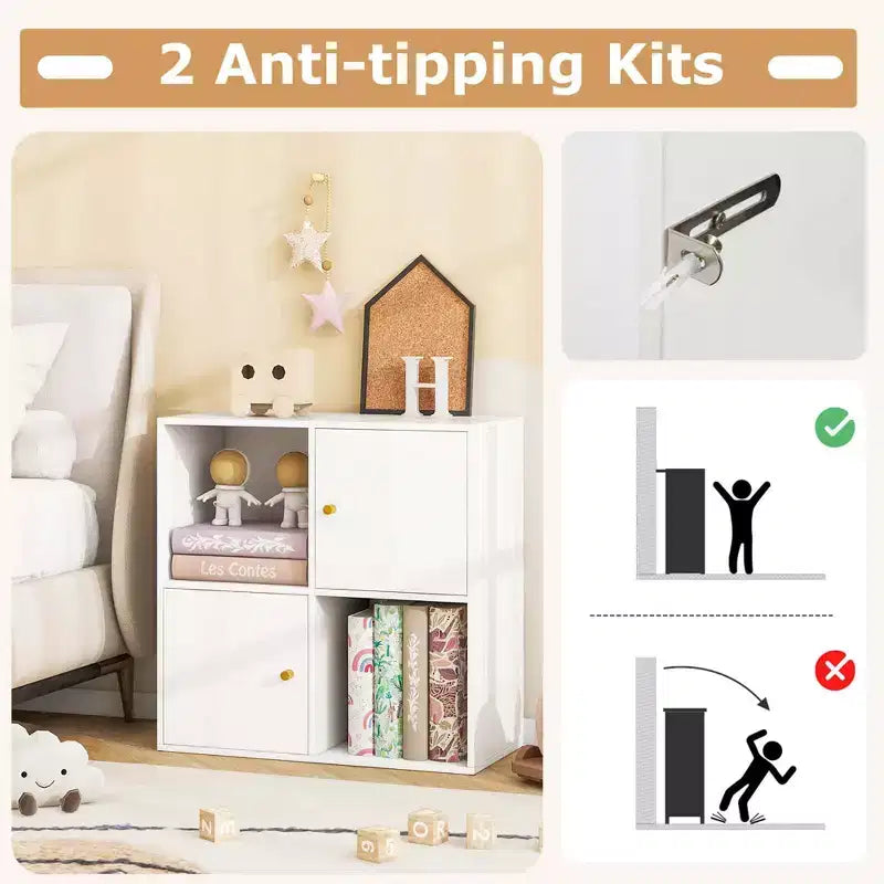 4-Cube Bookcase with Dual Anti-Tipping Kits & 2 Cabinets Storage Organizer White/Natural
