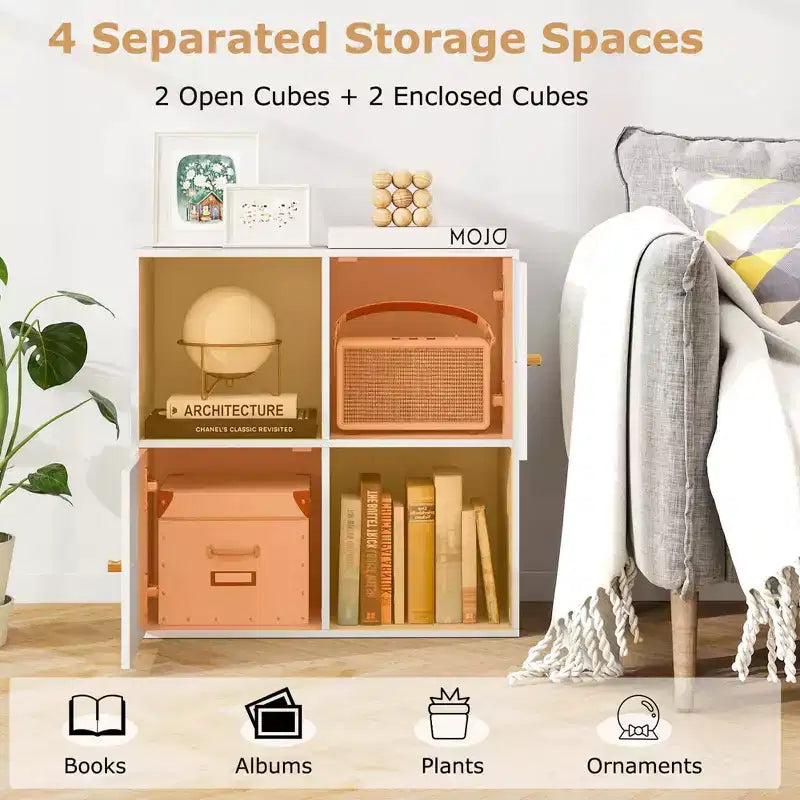 4-Cube Bookcase with Dual Anti-Tipping Kits & 2 Cabinets Storage Organizer White/Natural